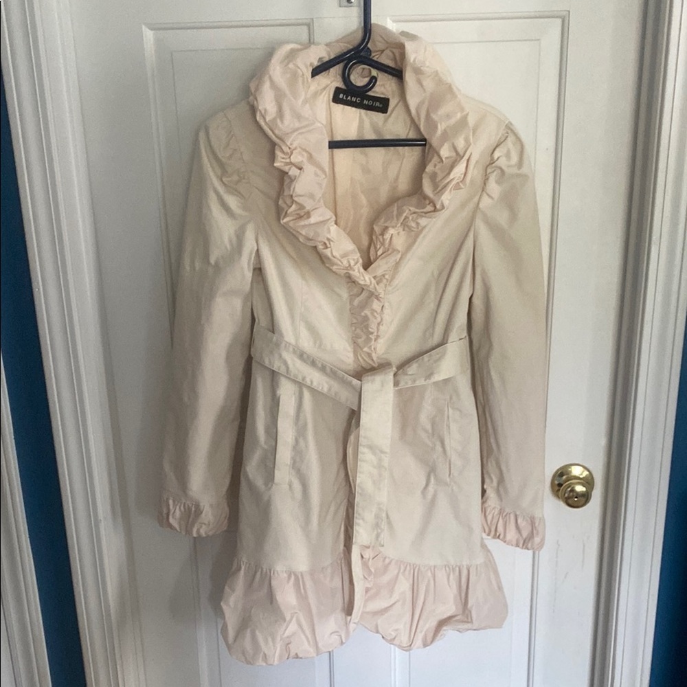 Blanc Noir Cream Trench Coat with Ruffled Collar